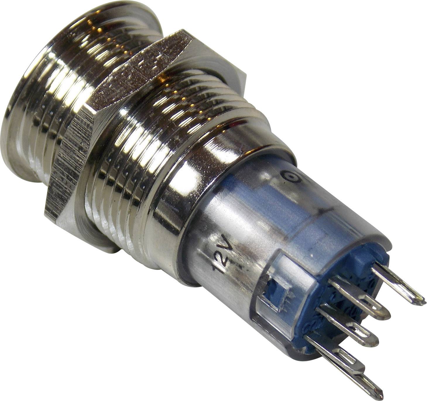 En sølvfarvet elektrisk stik med flere metalben og et blåt plastikkappe. Egnet til 12V-forbindelser.