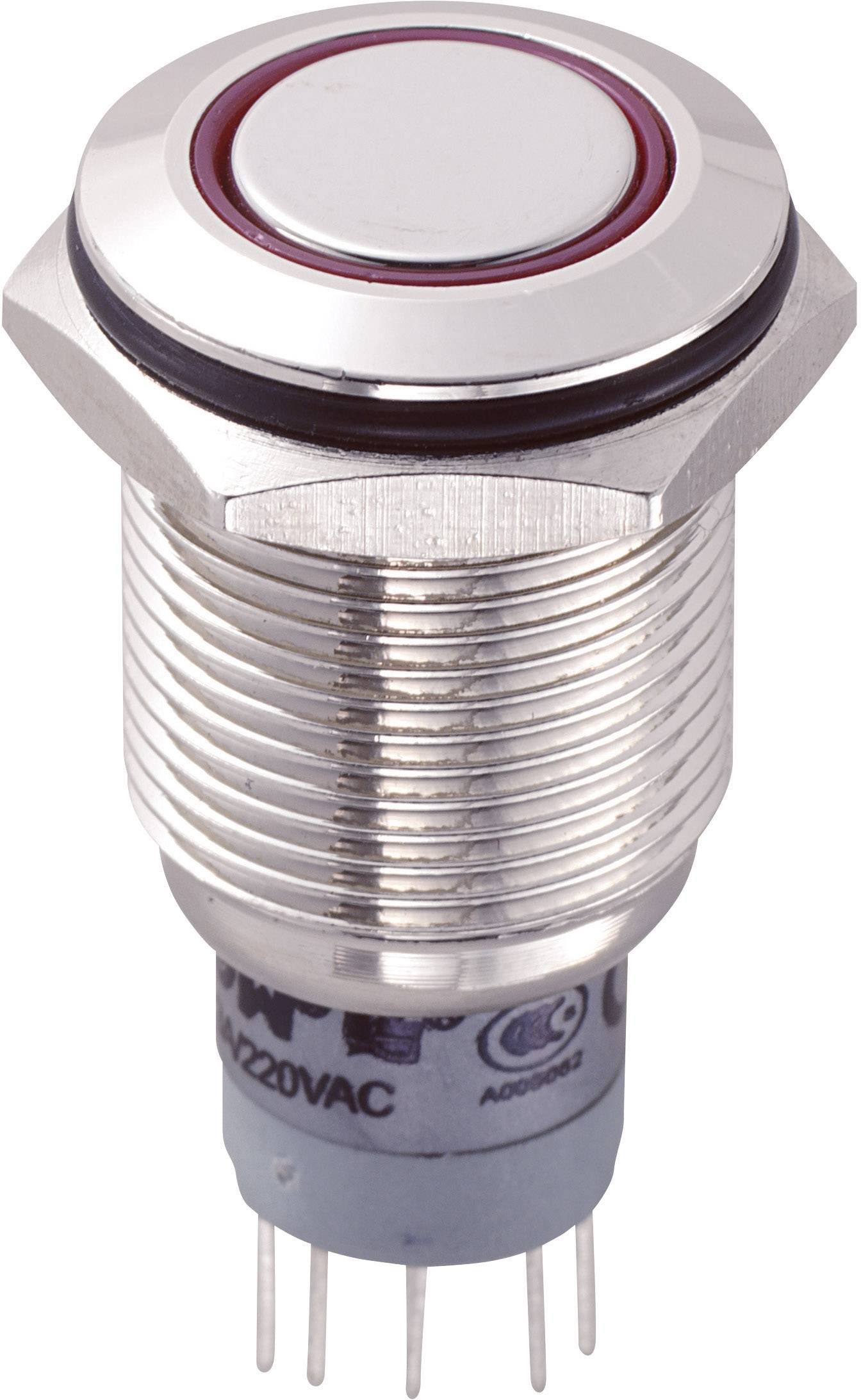 En sølvfarvet, metallisk trykknapsafbryder med rød ring, egnet til 220V AC. Skruegevind og seks tilslutningspinde.