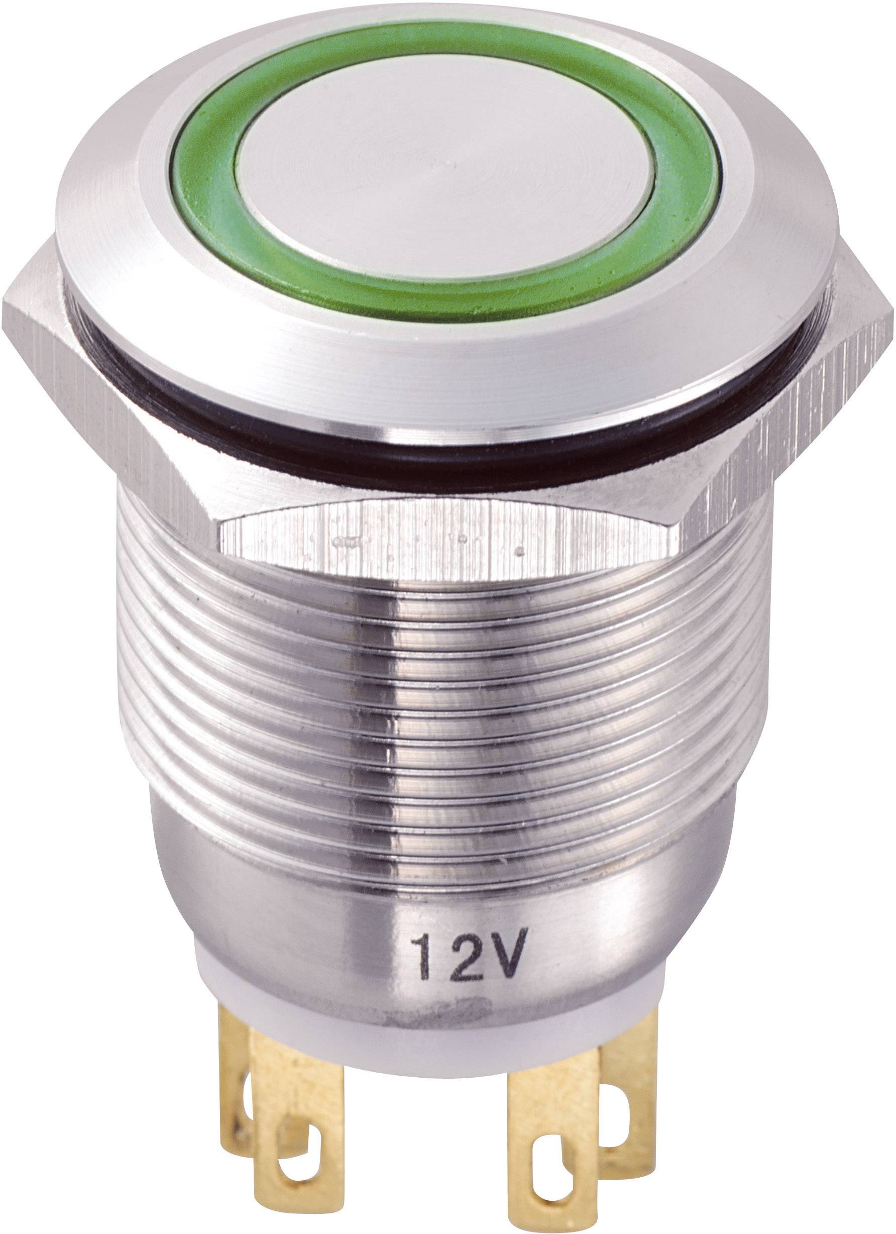 Metalafbryder med grøn kant og rund hvid trykknap, egnet til 12V-systemer.