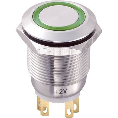 Metalafbryder med grøn kant og rund hvid trykknap, egnet til 12V-systemer.