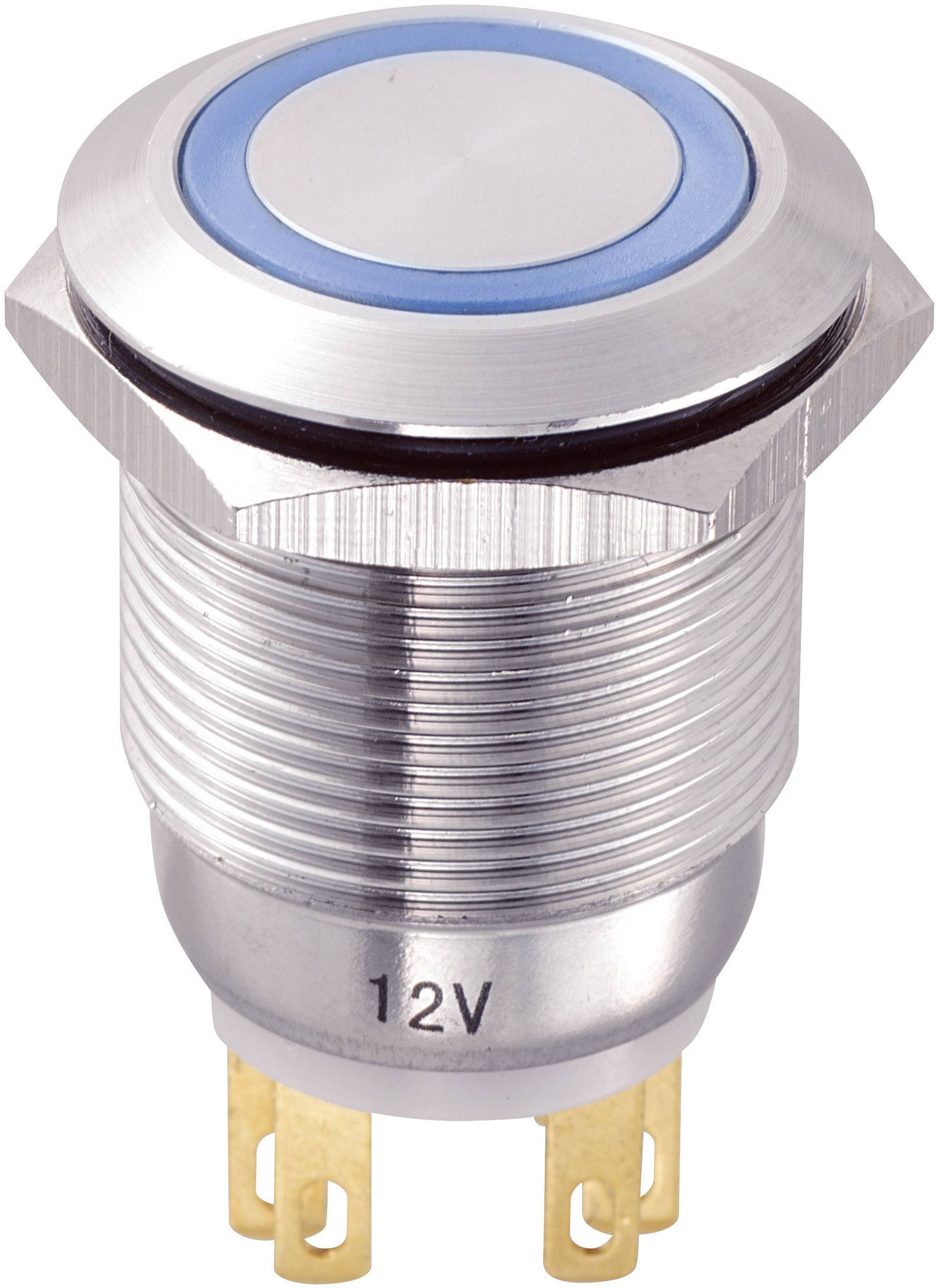 Runde metaltrykknapper, 12V, med blå LED-ringindikator. Egnet til elektronik- og gør-det-selv-projekter.