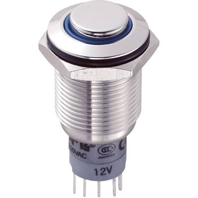 En rund, sølvfarvet trykknap med 12V-tilslutning, egnet til industrielle eller elektroniske anvendelser.