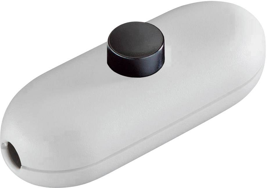 En hvid, oval kabelafbryder med en stor, rund, sort knap i midten til at tænde og slukke for en enhed.