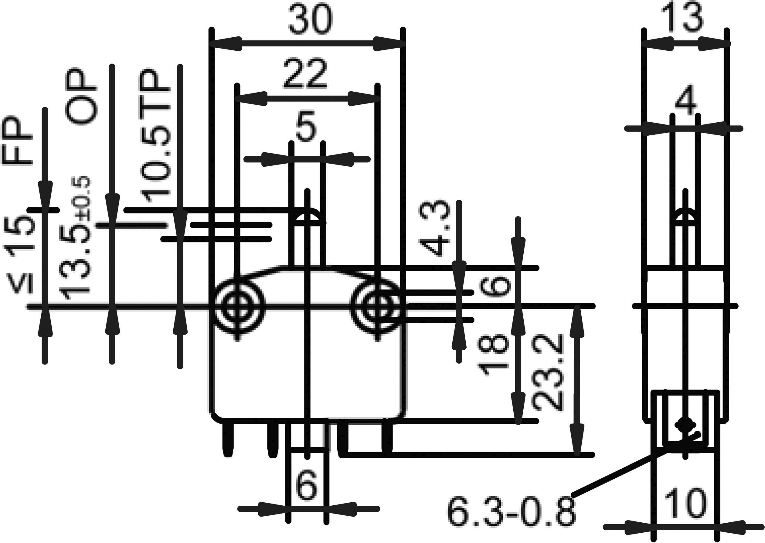 Teknisk tegning af en komponent med måleangivelser i millimeter; viser dimensioner og placering af komponenter.
