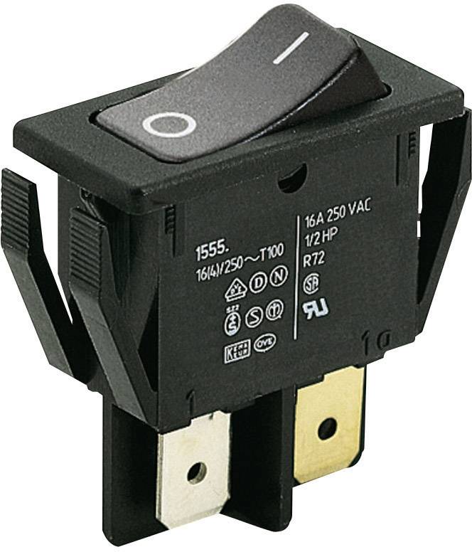 En vippeafbryder i positionen 'Fra'. Påskrift: 16A 250VAC, 1/2HK. Afbryderen er sort med hvide symboler og metalcontakter.