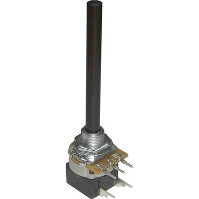 Drejepotentiometer med lang, sort akse og flere elektriske tilslutninger forneden. Konstrueret til justering af modstandsværdier.
