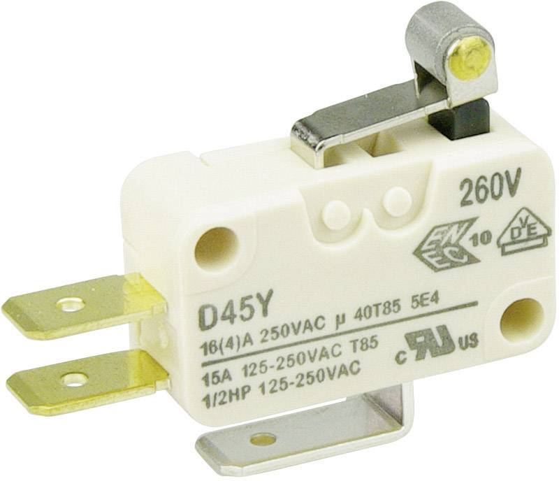 En hvid mikroafbryder med sort vippearm og guldfarvet tilslutninger. Den er designet til 250V og 16/15A, med forskellige certificeringer.