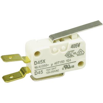 En hvid mikroafbryder med gyldne tilslutningsklemmer. Påtrykt: 'D45X', '16(4)/250~', '40T150', '405V'. Egnet til 125-250VAC.