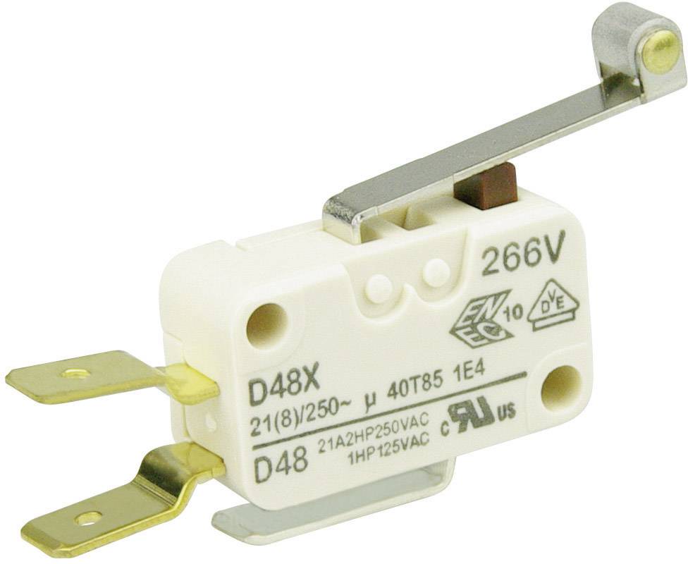 Illustration af en mikroafbryder med vippearmen, model 'D48X', egnet til spændinger op til 266V og strømme op til 21A.