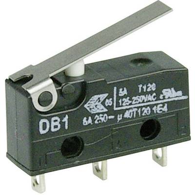 En sort mikroafbryder med lang arm. Påskrift 'DB1', egnet til 250V AC ved 8A. Indeholder tre elektriske tilslutninger.