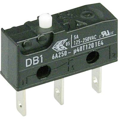 Sort mikroswitch med hvid trykknap og tre metalforbindelser. Mærkning: 'DB1', '6A 250V', '5A 125-250VAC'.