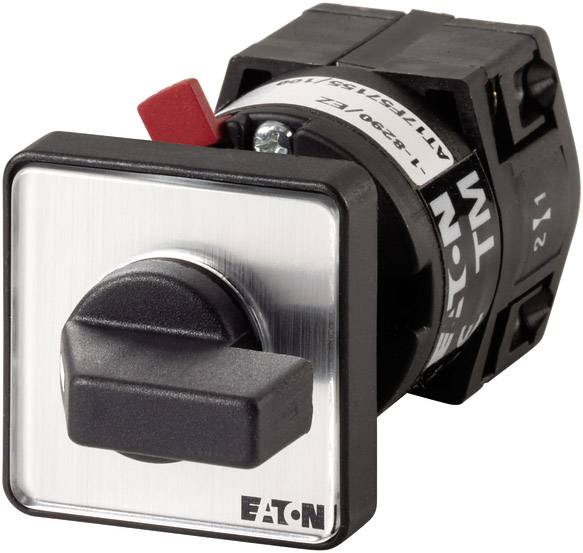En firkantet switch fra Eaton med drejegreb, metalramme og rød løftearm ved siden, genkendeligt ved 'Eaton'-logoet.
