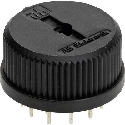 En sort, rund elektronisk sensor med flere metalben under; påskrift 'AB Elektronik' på oversiden.