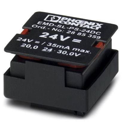 'Phoenix Contact' relæ EMD-SL-PS-24DC, 24V, maks. 35mA. Kompakt elektrisk komponent på hvid baggrund.