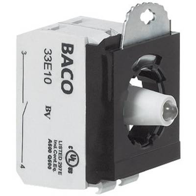 'BACO 33E10' komponent til kontakt i hvid og sort med metalbeslag. Markeringer for elektriske specifikationer synlige.