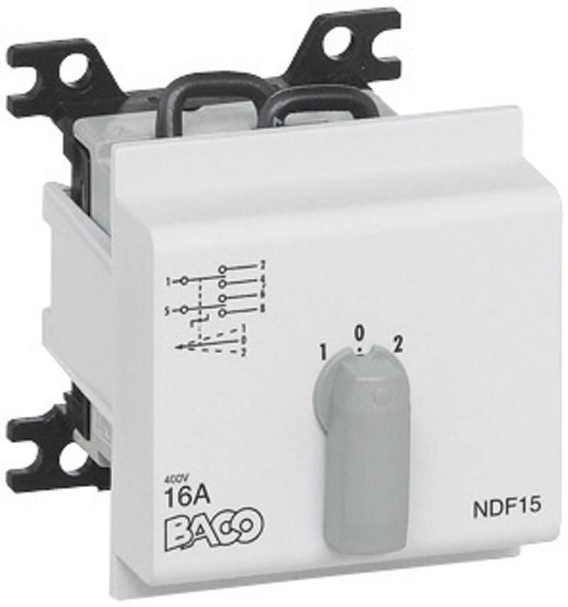 En grå drejekontakt med mærkningerne '0', '1', '2' og et forbindelsesdiagram. Egnet til 16A, 400V, model NDF15 fra BACO.