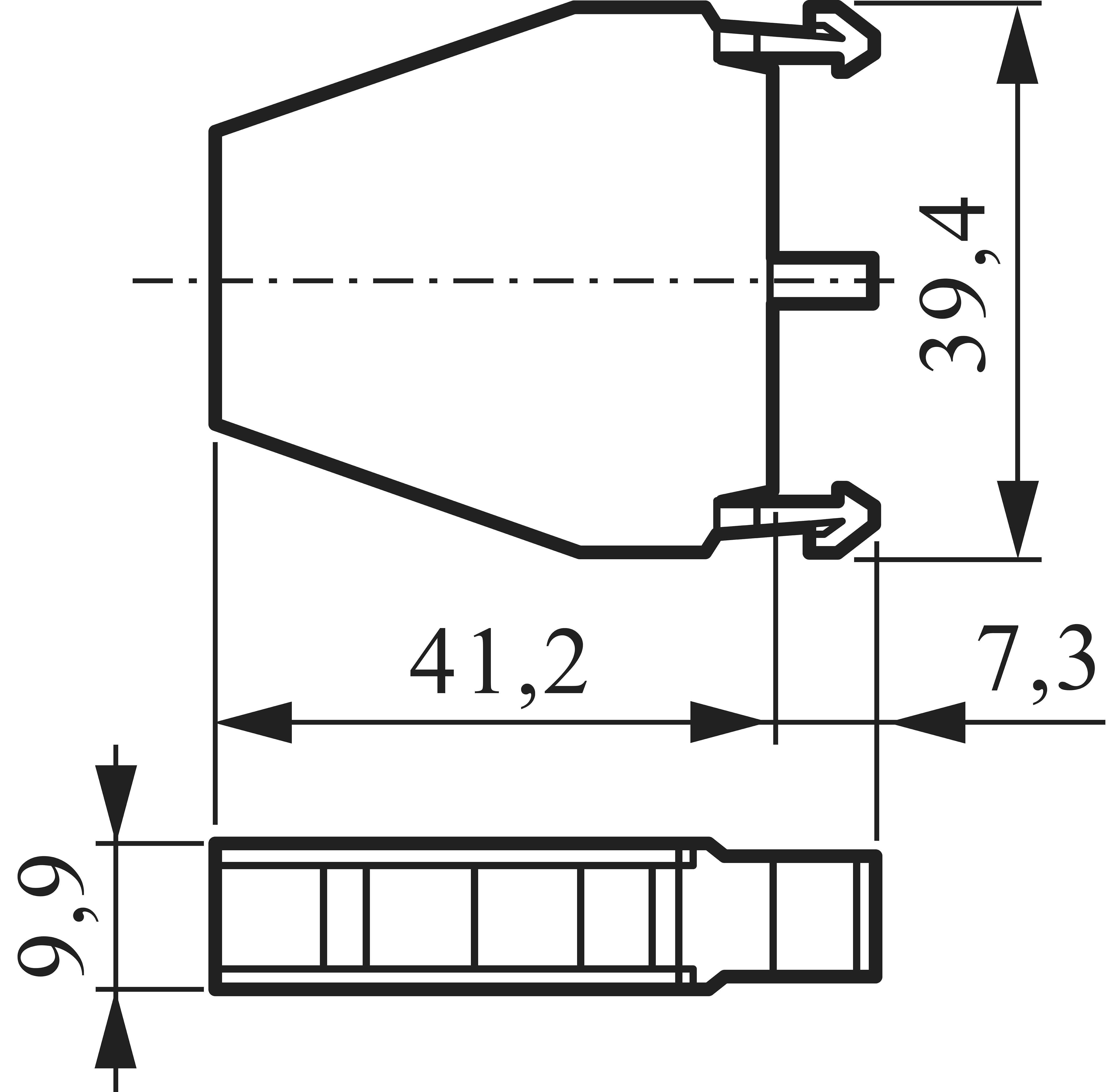 Teknisk tegning af en stikkontakt: Mål 41,2 mm bredde, 39,4 mm højde, 9,9 mm dybde. Sidevisning viser 7,3 mm længde.