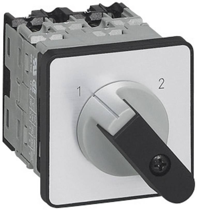 En sølvfarvet drejeomskifter med to positioner, '1' og '2', på en grå metalplade, til elektriske styringer.