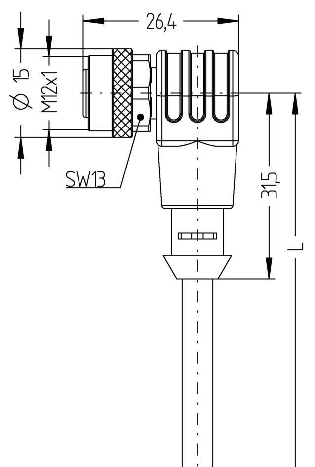 Teknisk tegning af en stikforbinder med M12x1-gevind, 26,4 mm længde, Ø 15 mm. Markeret længde og SW13.