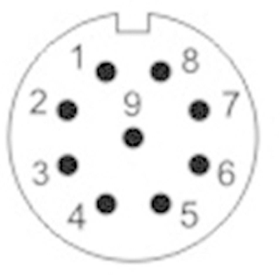 Diagram over en 9-polet elektrisk stik med nummererede kontakter.