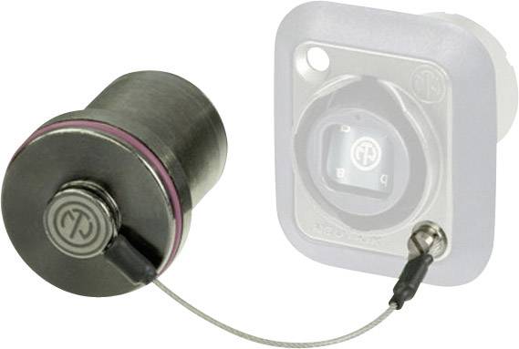 En cylindrisk rørstik med kabelaflastning og låseelement. I baggrunden ses en tilhørende bøsning.