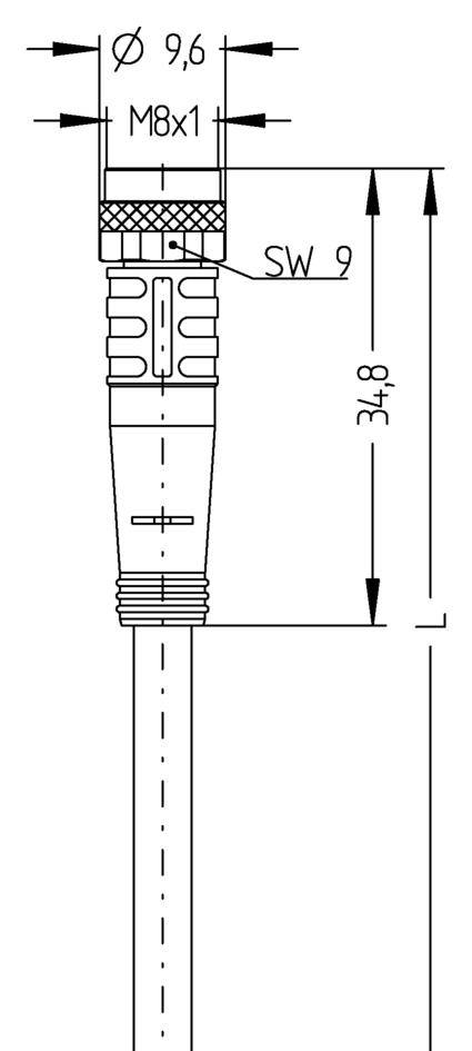 Teknisk tegning af en M8-stikforbinder med dimensioner: Samlet længde 34,8 mm, stikdiameter 9,6 mm, gevind M8x1.