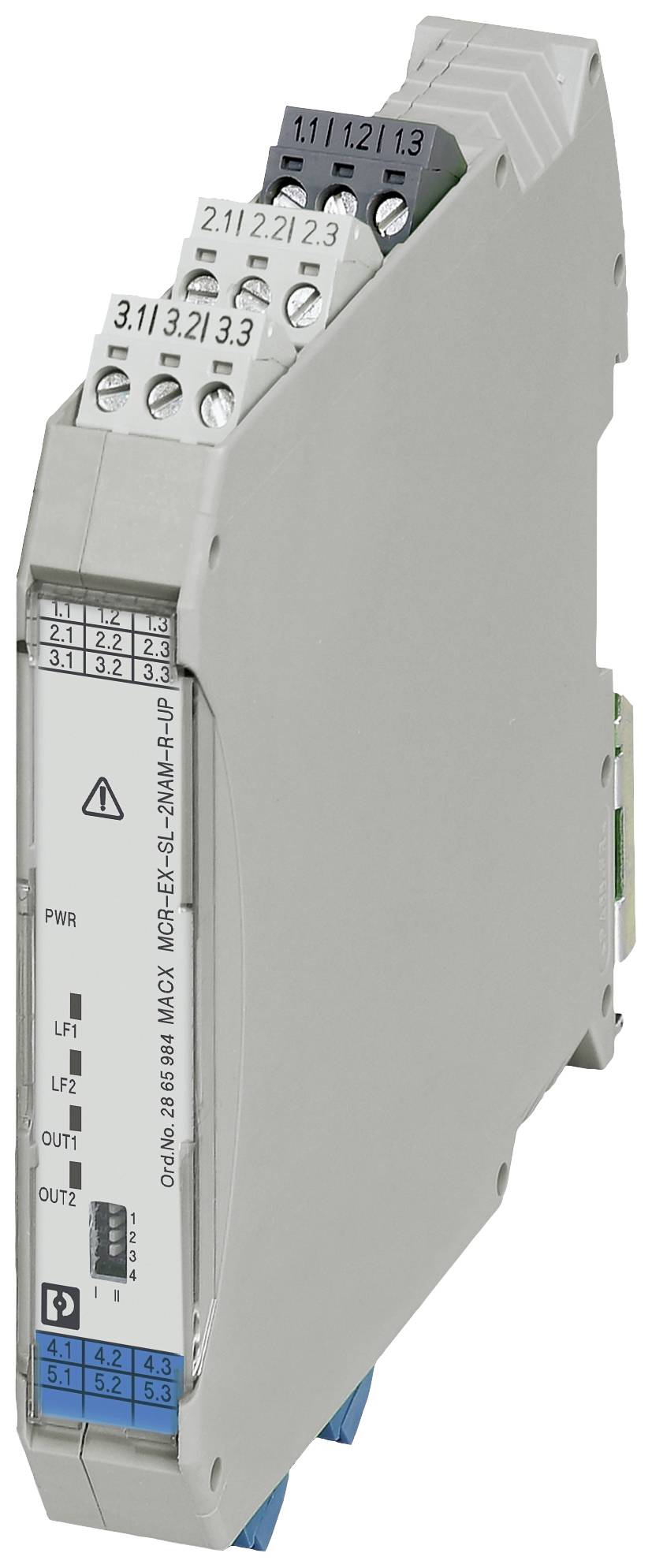 Elektronisk modul til signalbehandling med flere tilslutningsklemmer og LED-indikatorer på forsiden.