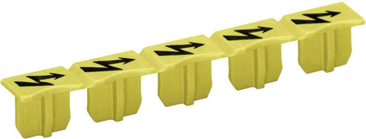 Fem gule plastikclips med sorte pile, der alle peger i samme retning.