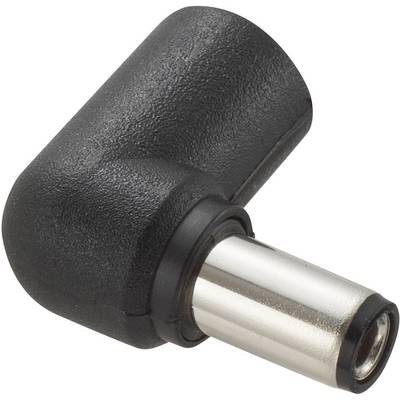 En sort, vinklet DC-stik med metallisk kontakt, hyppigt brugt til elektroniske enheder.