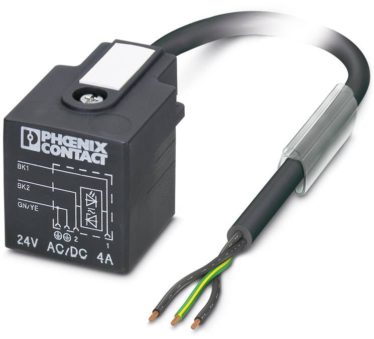 Sort relæblok fra Phoenix Contact med kabler, der er designet til 24V AC/DC ved 4A.