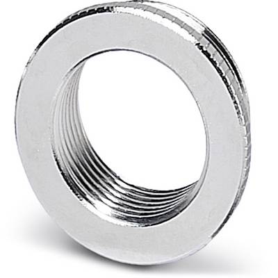 En sølvfarvet metalring med indvendigt gevind, som ofte bruges som forbindelsesadapter eller tætning i sanitets- og rørsystemer.
