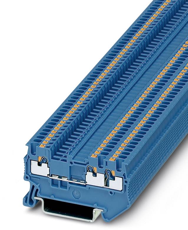 Blåt elektrisk klemmodul med flere tilslutningsrækker i nærbillede, egnet til industrielle anvendelser.