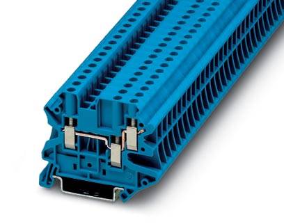 Blå elektrisk tilslutningsblok med flere tilslutningspunkter, egnet til industrielle anvendelser.