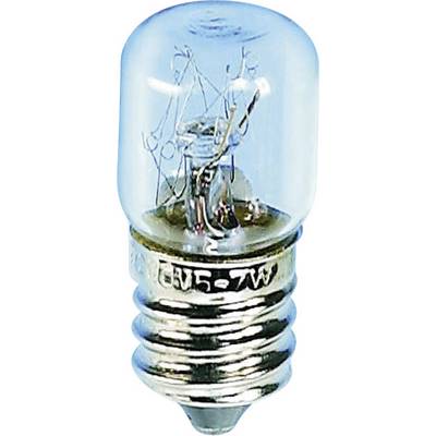 En lille glødepære med skruesokkel, gennemsigtigt glas og synlig glødetråd, egnet til apparater eller dekorativ belysning.
