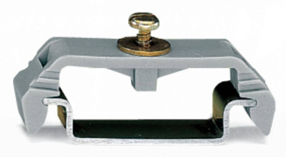 Metalholder med skrue øverst, til stabilisering af objekter. Sølvfarvede og grå elementer, egnet til industriel brug.