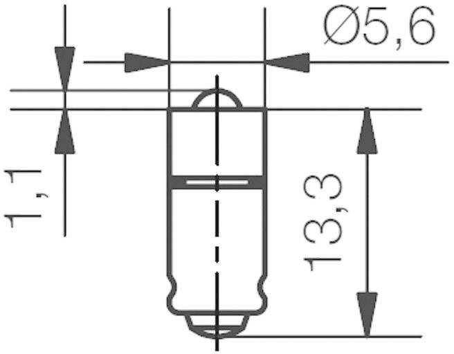 Teknisk tegning af en cylinder med mål: Diameter 5,6 mm, længde 13,3 mm, afstand 1,1 mm til tilstødende element.