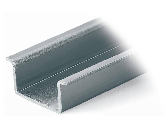Et sølvfarvet U-formet metalprofil, set diagonalt fra oven.