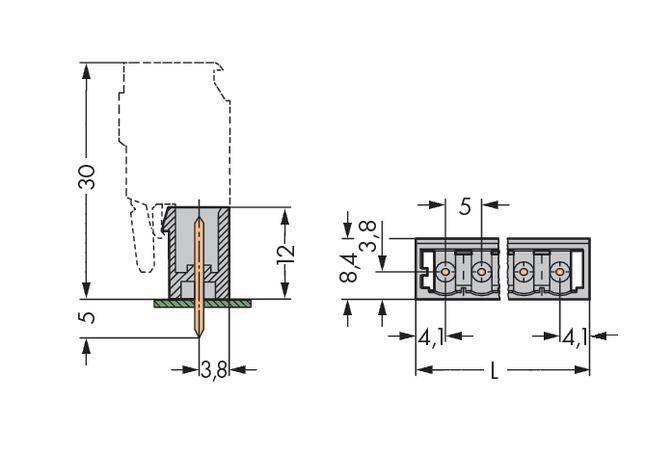 Teknisk tegning: To visninger af en elektrisk stikforbindelse med mål i millimeter. Side- og frontvisning med angivelse af afstande.