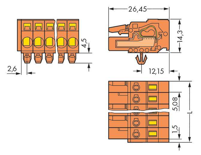 Diagrammet viser dimensionerne for en stikforbinder: Længde 26,45 mm, bredde 12,15 mm, højde 14,3 mm, med markerede tilslutningspunkter.