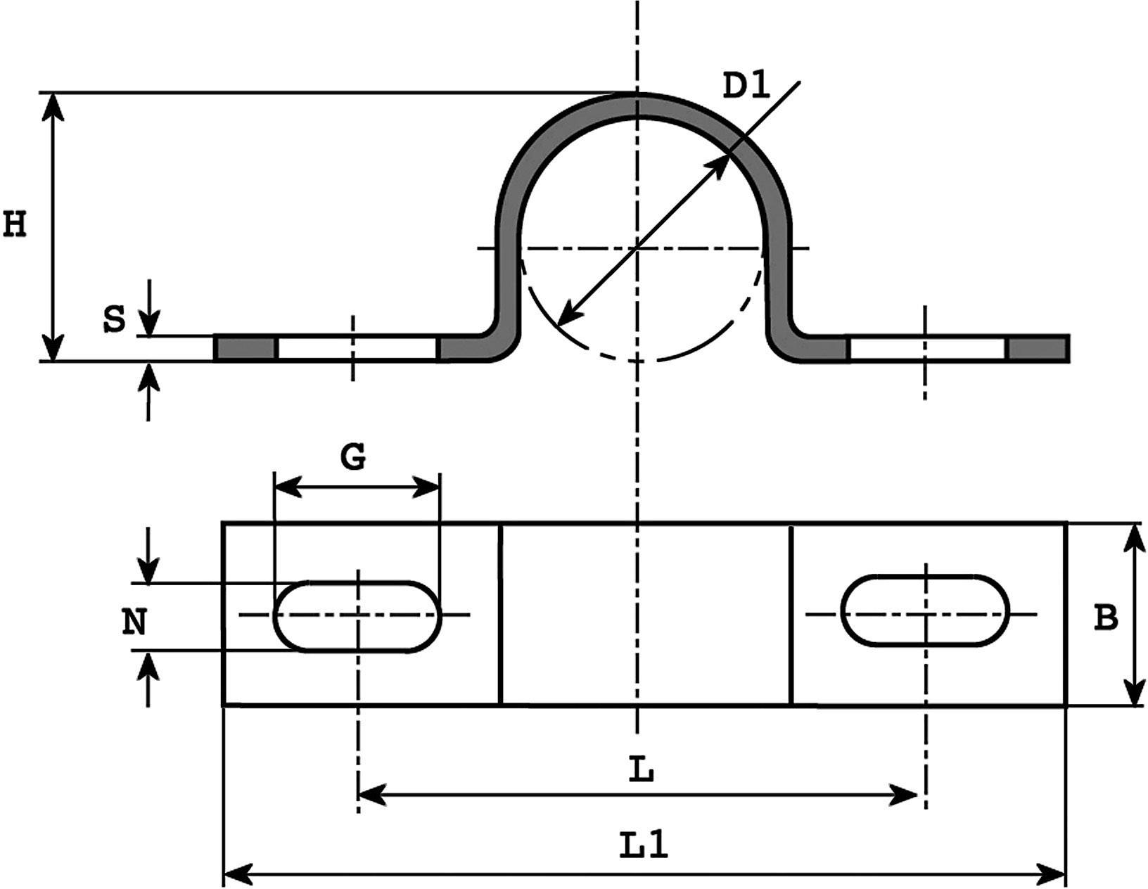 Teknisk tegning af et rørholderklemme med dimensioner: Højde (H), bredde (B), diameter (D1), længder (L, L1) og yderligere mål (S, G, N).