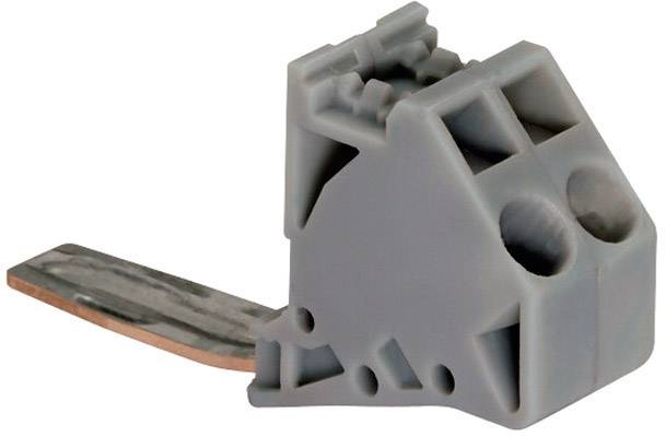 En grå elektrisk stikforbindelse med to runde åbninger og en metallisk tilslutningsstift, set fra siden.