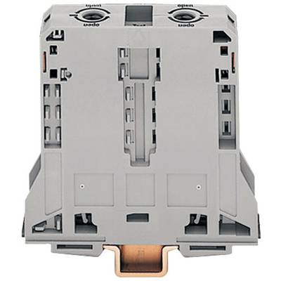 Grå elektrisk komponent med to justeringshjul øverst, mærket 'open'. Primært rektangulær form.