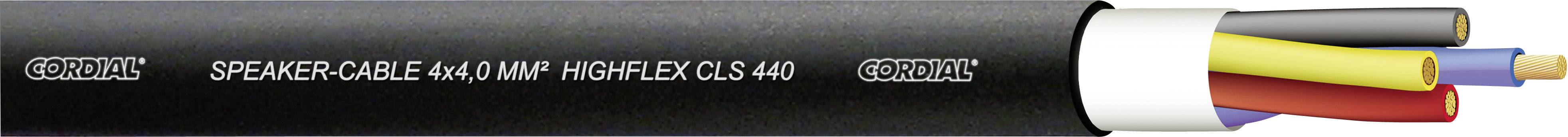 Sort højttalerkabel med påtrykt tekst 'SPEAKER CABLE 4 x 4.0 mm² HIGH FLEX CLS 440'. Indvendigt farvede kabler: sort, rød, gul, blå.