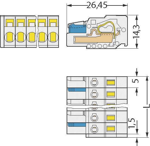 Diagram af en elektrisk stik med mål: 26,45 mm længde, 14,3 mm højde. Viser tilslutningskontakter og intern struktur.