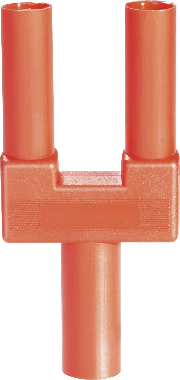 Rød plastikadapter i U-form med tre stikforbindelser, bruges til at forbinde elektriske komponenter.