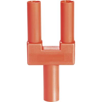 Rød plastikadapter i U-form med tre stikforbindelser, bruges til at forbinde elektriske komponenter.
