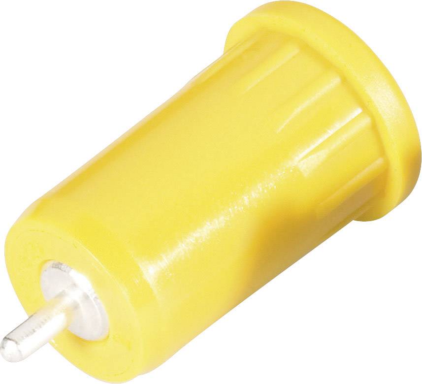En lille, gul, cylinderformet plastprop med en kort, sølvfarvet metalstift på den ene side, isoleret foran en hvid baggrund.