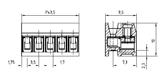Teknisk tegning af en stikforbinder med mål: Px 3,5, højde 10 mm, bredde 9,5 mm. Detaljeret side- og frontvisning med metriske angivelser.
