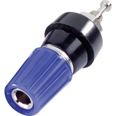 En blå forbindelsesstik med metalcontact og sort isolator. Bruges til sikkert at forbinde kabler.