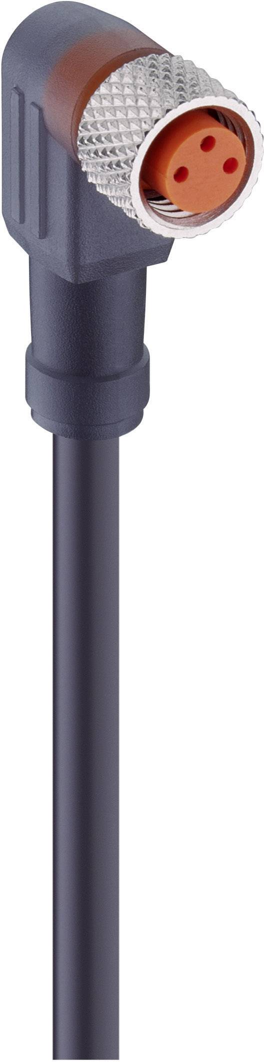 Et sort kabel med et vinklet, rundt stik og tre huller i et rødt plastikdæksel.